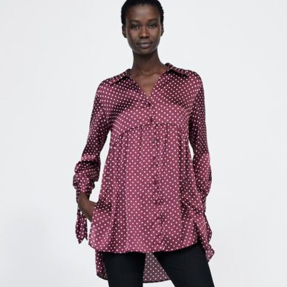 Zara Satin Burgundy Red Polka Dot Button Down Long Sleeve Tunic Top - Picture 6 of 7